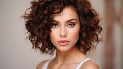 Fototapeta premium beautiful hair woman with stylish hairstyle, happy with beauty products, hair shampoo or conditioner, perfect healthy lovely shiny hair, fashion, modern, beauty, makeup, model, cosmetics