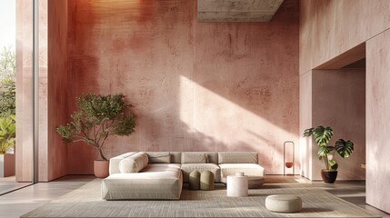 A sophisticated living room featuring a subtle pink color palette, with minimalist furnishings and a clean, uncluttered layout. The image offers plenty of copy space for adding text or graphics.