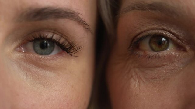 A close-up comparison of the eyes of a young woman and an older woman, highlighting the visible differences in skin texture and wrinkles