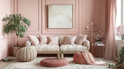 Obraz premium A cozy living room decorated in blush pink tones, with minimalist furniture and decor creating a warm and inviting atmosphere. The image offers ample copy space for customization.