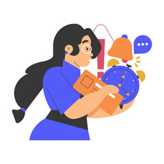 A woman holds a clock and documents, indicating a busy schedule and time management. Icons for an alarm and exclamation mark suggest urgency and reminders. Vector illustration.