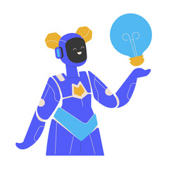 A robot holding a glowing lightbulb symbolizes the generation of innovative ideas and creativity in technology. The image highlights the fusion of artificial intelligence and inspiration. Vector.