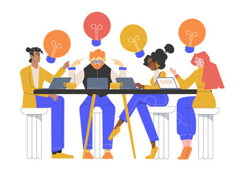 A team of four diverse colleagues sit around a table with laptops, generating and discussing ideas. Lightbulbs above their heads symbolize creativity and innovation. Teamwork and brainstorming.