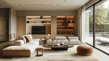 A modern living room with a subtle tan color scheme, designed in a minimalist style with clean lines and uncluttered space. The image offers plenty of space for customization.
