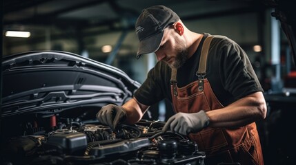 Fototapeta premium mechanic is doing the annual car inspection. Car repair shop is ready to serve. Car mechanic inspects car engine problems technical inspection engine safety Maintenance Changing the engine oil
