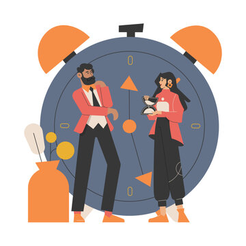 A man and a woman stand near a large alarm clock. The man is thoughtful, while the woman holds an hourglass, symbolizing time management and productivity. Vector illustration.