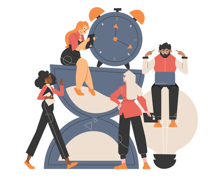 A diverse team of professionals collaborates around large clock and hourglass icons, emphasizing time management and productivity. Elements like a lightbulb, tablet, and notebook symbolize creativity
