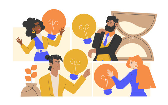 A diverse team of four professionals engaged in a brainstorming session, sharing ideas with lightbulb icons. Innovation and creativity. The hourglass on background, importance of time management.