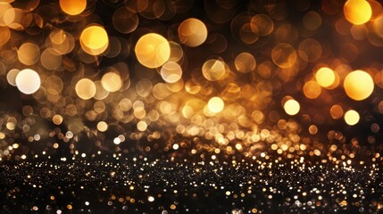 sparkling gold glitter lights and bokeh on black background festive abstract texture digital illustration