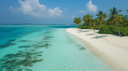 Fototapeta premium Pristine white sands and clear turquoise waters define this serene beach, framed by swaying palm trees and colorful coral reefs