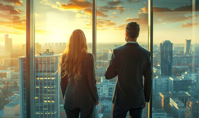 Successful business people standing looking at modern downtown high-rises. Back view of two business partners, man and woman, looking thoughtfully out of office window