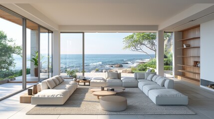 A serene coastal living room with minimalist furnishings and decor, creating a peaceful retreat by the sea. The image provides ample copy space for adding text or graphics.