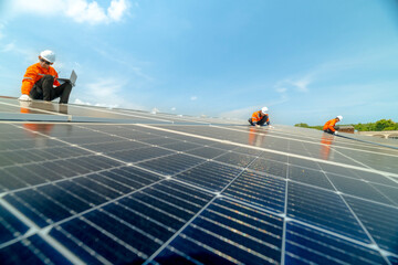 engineer man inspects construction of solar cell panel or photovoltaic cell by electronic device....