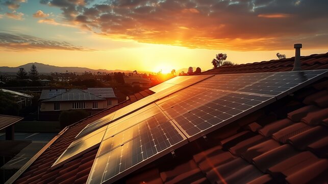 Pannelli solari su un tetto al tramonto, rappresentando la sostenibilit&agrave; e l'energia rinnovabile nelle aree urbane.