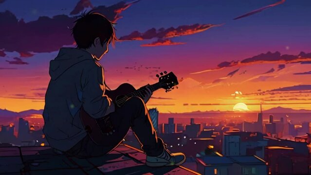 A boy sits on a rooftop during sunset, playing his guitar and gazing at the horizon. Birds fly by, and the sky changes colors, providing a serene and introspective mood, overlay zoom OBS, anime chill
