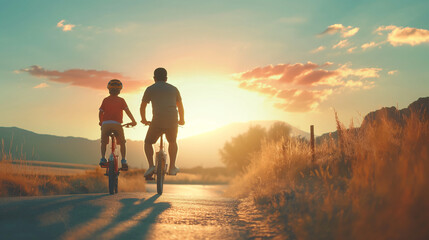 Fototapeta premium A creative composition of a father teaching his child to ride a bike, capturing a milestone moment, teaching to ride bike, hd, with copy space, inscription Father's Day