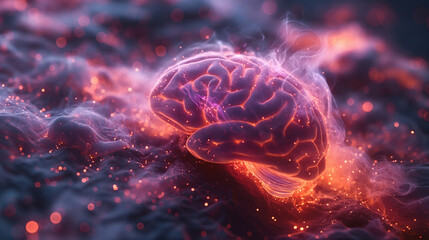 Obraz premium Holographic abstract brain with glowing synapses, 3D render, hd, with copy space