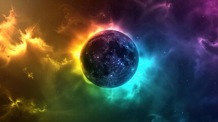 Obraz premium stunning solar eclipse with neon blue yellow green and purple star flares abstract background