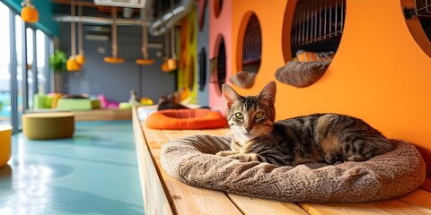 Modern pet daycare with spacious playful areas and comfortable resting spaces for cats and dogs. Concept Pet Daycare, Spacious Play Areas, Comfortable Resting Spaces, Cats, Dogs