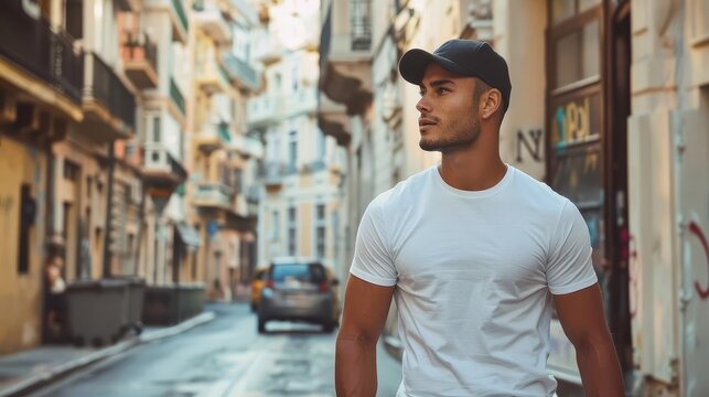 stylish latin man in the city handsome model in classic white tshirt and cap urban street setting lifestyle photo
