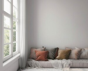 A bay window with cozy soft pillows and house plants. The Design Of the Bay Window. A cozy corner for reading and relaxing. Modern bright interior with bay window.