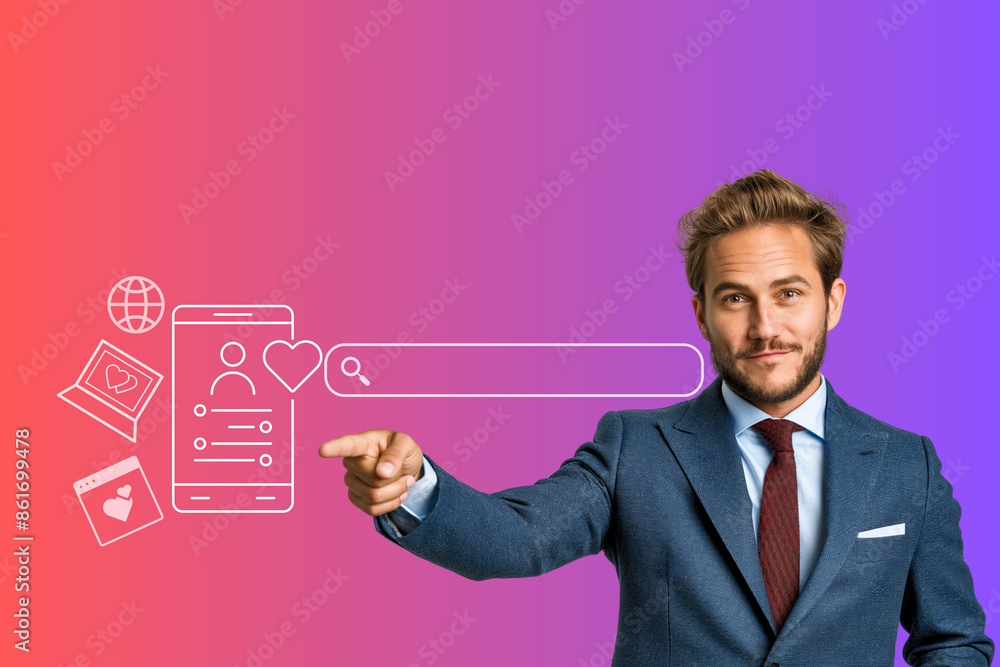 Poster a man in a suit pointing to a phone screen with a heart and a search bar. concept of using a phone t