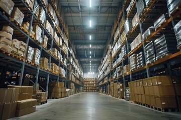A warehouse with rows and shelves filled with boxes of goods, all under the bright lights of an industrial building.