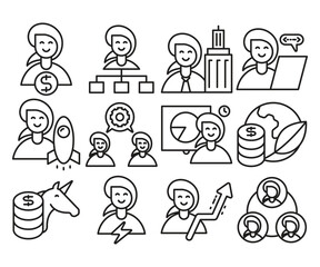 woman startup and entrepreneurship icons set