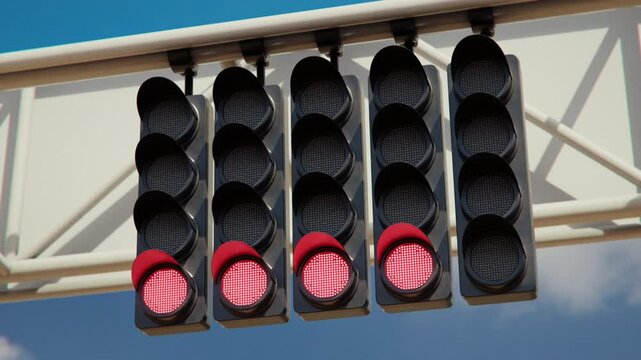 Close up of the formula one car racing starting lights sequence signalling the beginning of the race. 3d animation rendering