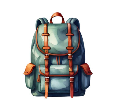 recommend clip art: backpack illustration isolated on transparent background. bag with straps and pockets for going to school or traveling. Watercolor drawing, One single object, standing, closed, front view