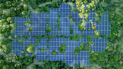 Solar panels installed in the green forest Clean alternative energy concept. Environment, solar...