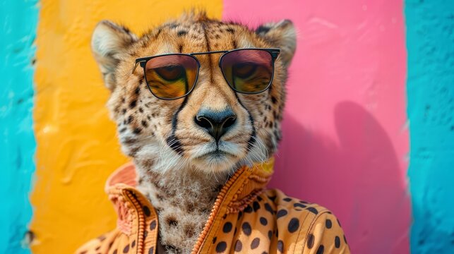 Image of stylish Cheetah in trendy sunglasses and outfit looking at camera against two colored background, Copyspace