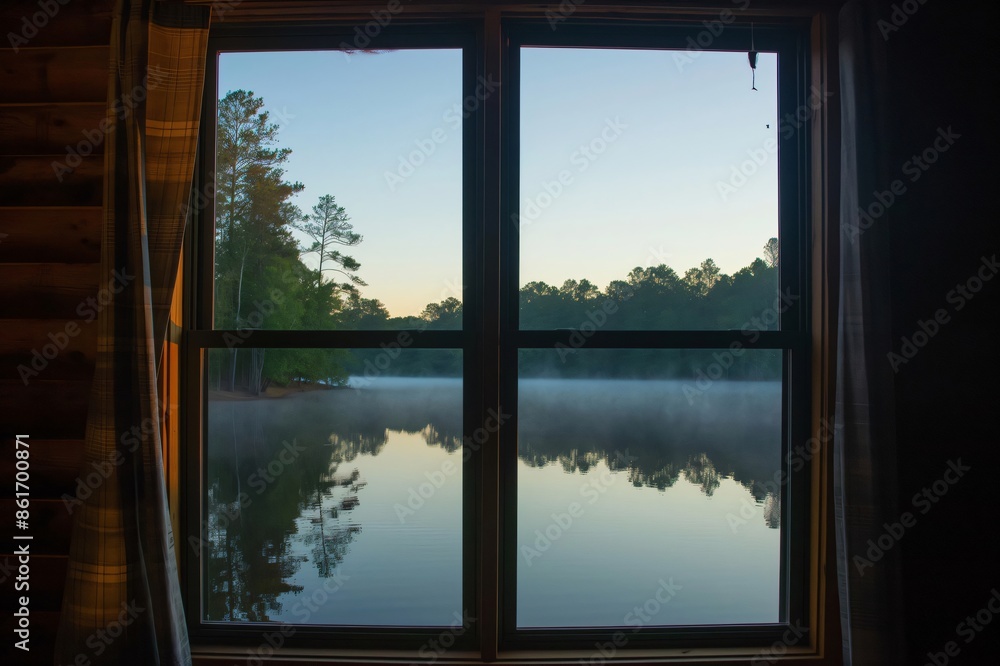 Poster sunlight illuminating a misty lake through a cabin window with a view of the forest