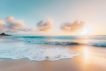 Soft light from a golden sunset illuminating turquoise ocean waves crashing on a sandy beach