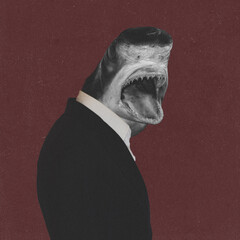 Nature, business, fine-art and animals concept. Collage art of a person in a suit with a scary shark head against a dark purple or brown background. Grunge and noise effect applied