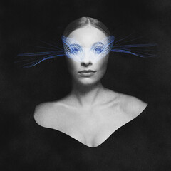 States of mind, technology, fine art concept. Monochrome image of a woman with blue light patterns over eyes. Insect wings like mask in neon light effect. Grunge and noise effect applied