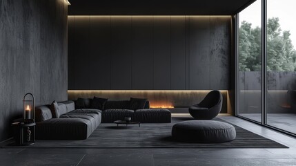 An elegant black living room, with minimalist furnishings and a monochromatic color scheme, creating a sleek and sophisticated ambiance.