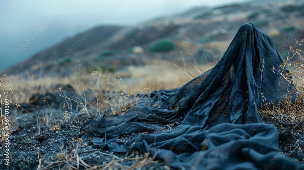 Poster the fabric on the mountaintop is a stark contrast to the barrenness around it a sign of life and mov