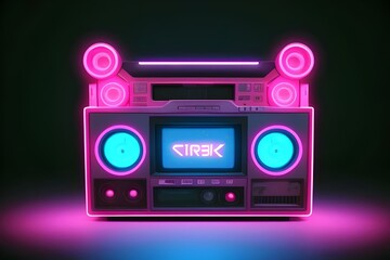 Fototapeta premium a stylized unbranded pink glowing neon ghetto blaster, radio, cyberpunk, Futuristic, Retro, Urban, Vivid, Electric, Vibrant, Illuminated, Tech, Music, Sound, Speaker, Graphic, Design, Art, Sci-fi