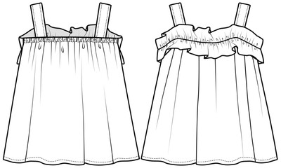 FRILL SUMMER WOVEN TOP WITH ELASTICATED BACK DETAIL DESIGNED FOR TODDLER AND KID GIRLS IN VECTOR FILE