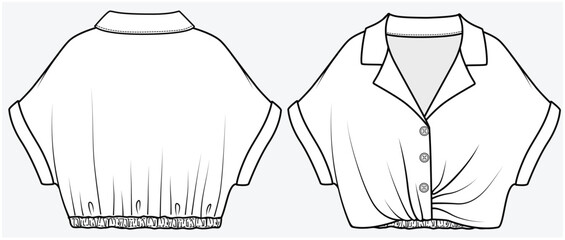 DOLMAN SLEEVES CROP TOP WITH RESORT COLLAR AND PLEATED WAIST DETAIL DESIGN FOR WOMEN TEEN GIRLS AND KID GIRLS IN VECTOR FILE