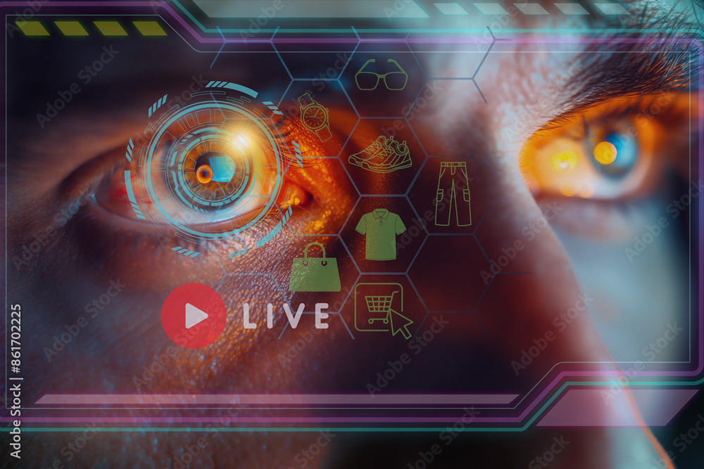 Poster a man's eye is displayed on a screen with a live video feed. scene is futuristic and technological o