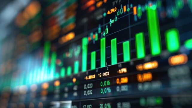 Colorful financial graph charting stocks and market data on a digital screen, illustrating economic trends and investment analytics.