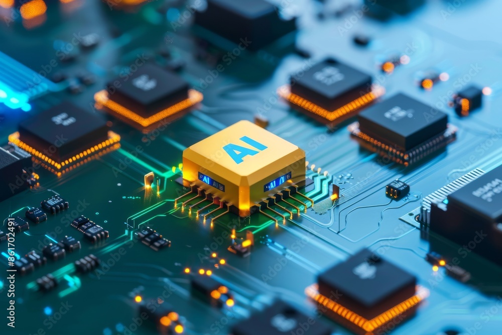 Poster ai chip with glowing circuits, showcasing advanced artificial intelligence technology and digital in