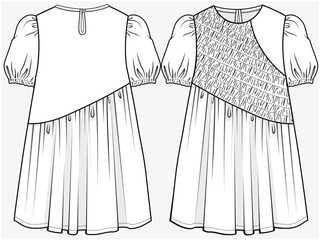 PUFF SLEEVES ASYMMETRIC DRESS WITH ASYMMETRIC SMOCKING PANEL DETAIL DESIGNED FOR TEEN GIRLS AND KID GIRLS IN VECTOR FILE