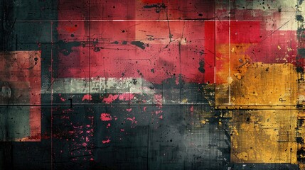 Abstract grunge background with red, yellow, and black paint splatters.