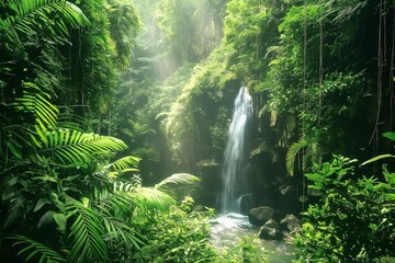 Fototapeta premium Sunbeams shining through the canopy of a tropical rainforest illuminating a waterfall flowing over mossy rocks
