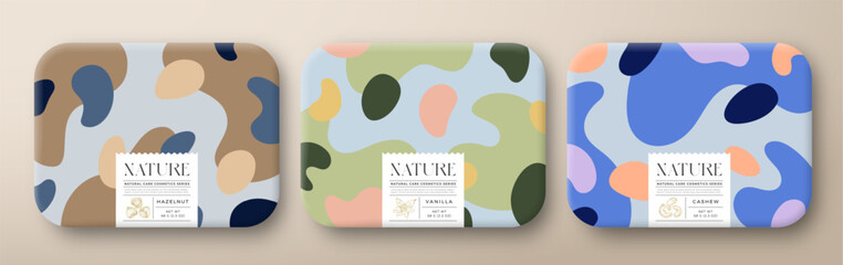 Fruit Bath Cosmetics Package Boxes Set. Vector Wrapped Paper Containers with Care Label Design. Modern Typography and Hand Drawn Nuts, Vanilla. Abstract Camo Background Pattern Layout Isolated