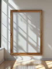 Gold frame mockup | detailed ornate design | placed on white wall | natural light casting shadows | wooden floor | minimalist, bright room | elegant, sophisticated setting | artistic ambiance