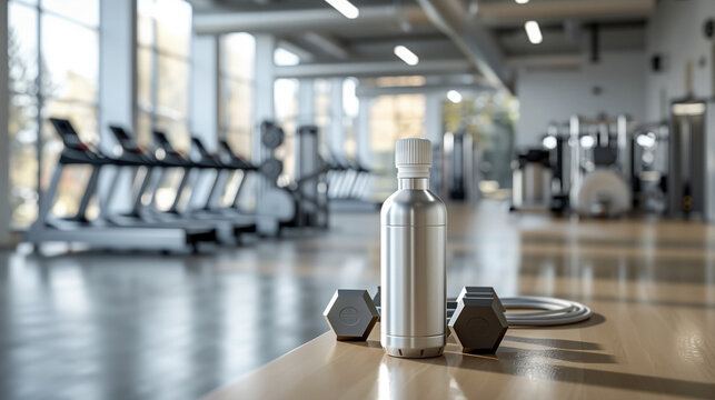Close-up of water bottles on the gym floor